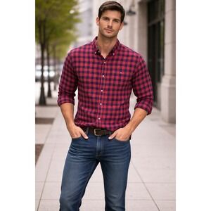 Eddie Bauer Flannel Shirt Mens Large Red Navy Blue Buffalo Check L/S